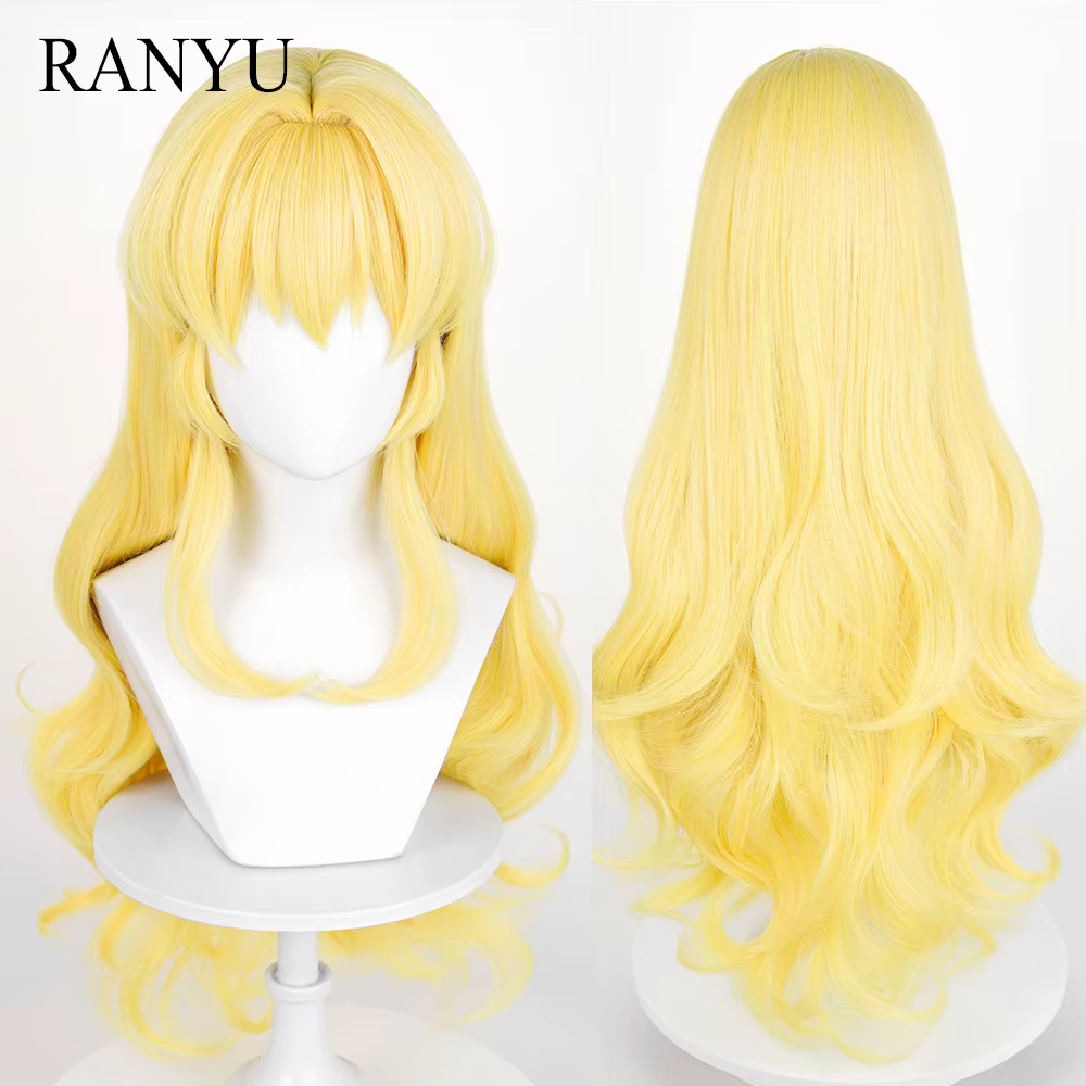 Perruques synthétiques de Cosplay de jeu d'anime jaune avec frange