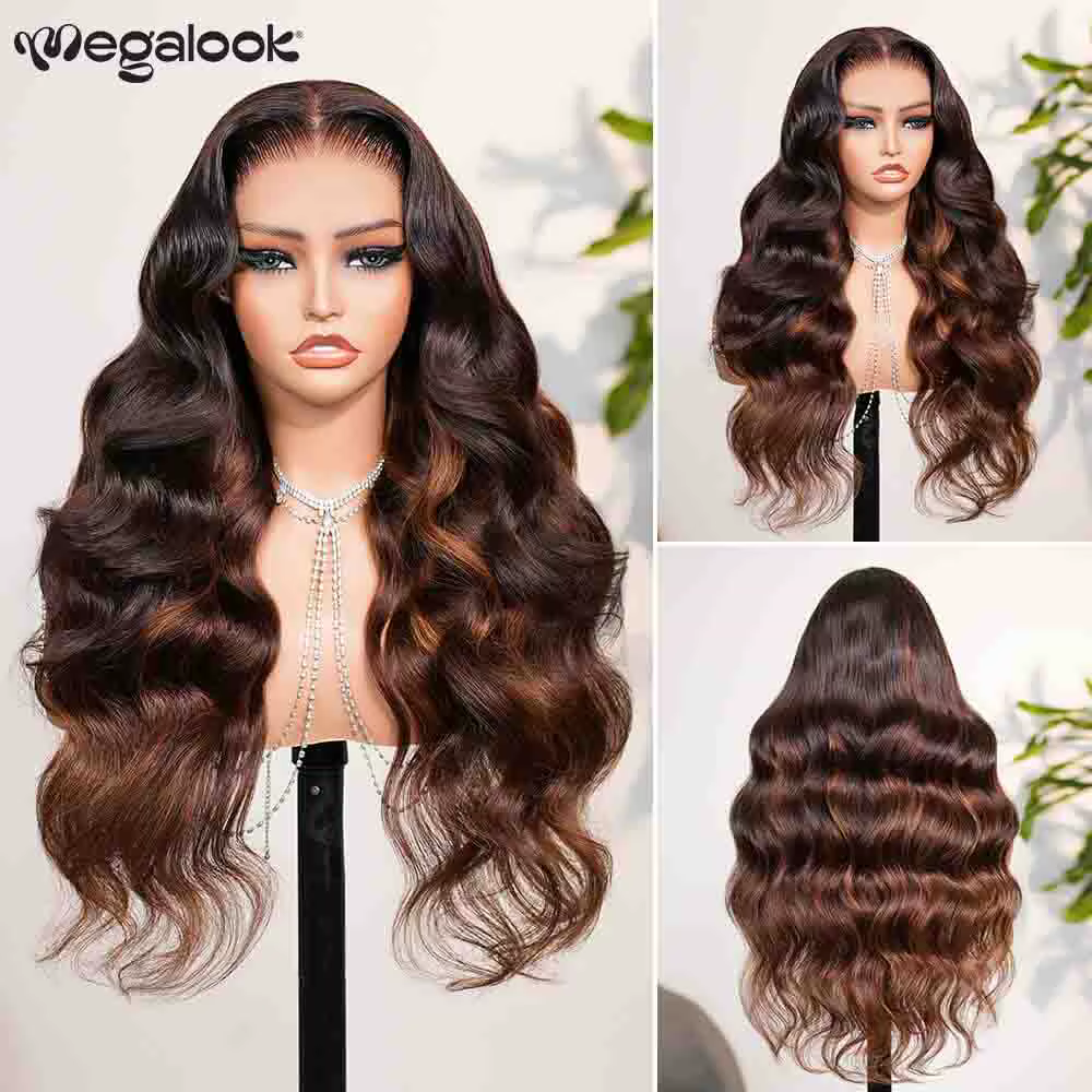 Perruque sans colle mixte marron 13x6 oreille à oreille, Body Wave ombré marron avec cordon de serrage, 100% cheveux humains, nœuds décolorés pré-épilés