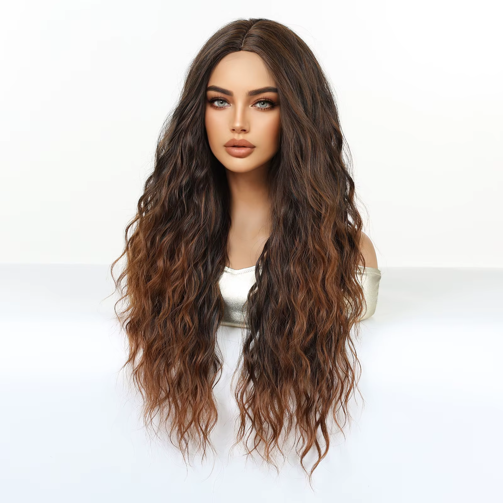 Perruque synthétique bouclée ombrée brun blond pour femmes, raie au milieu, longue, volumineuse, résistante à la chaleur, pour tous les jours, fête, cosplay