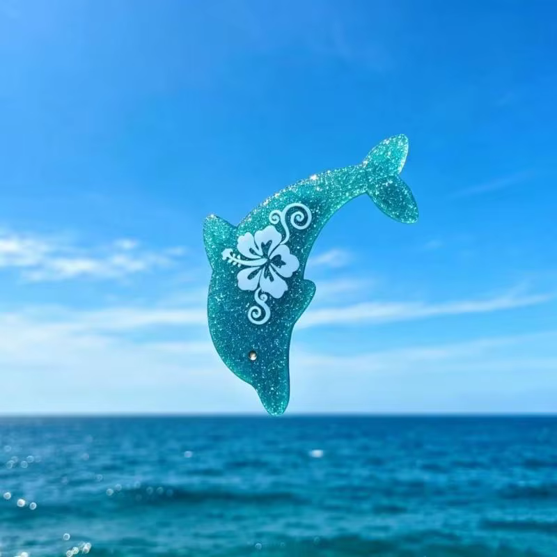 Barrettes à cheveux en forme de dauphin bleu scintillant avec fleur d'hibiscus rose et motif tropical