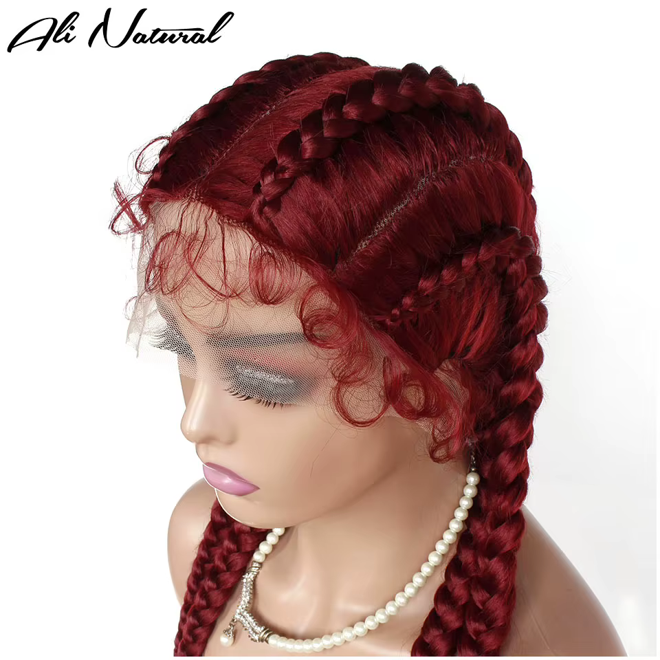 Perruque tressée bordeaux 4 tresses en dentelle, cheveux synthétiques pré-épilés, rouge 99j, perruque tressée avec dentelle supérieure 360