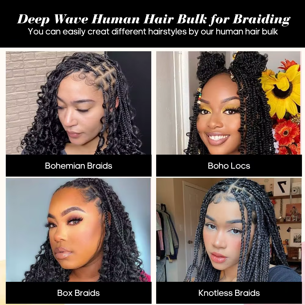 2 lots de cheveux humains à tresser pour tresses bohèmes