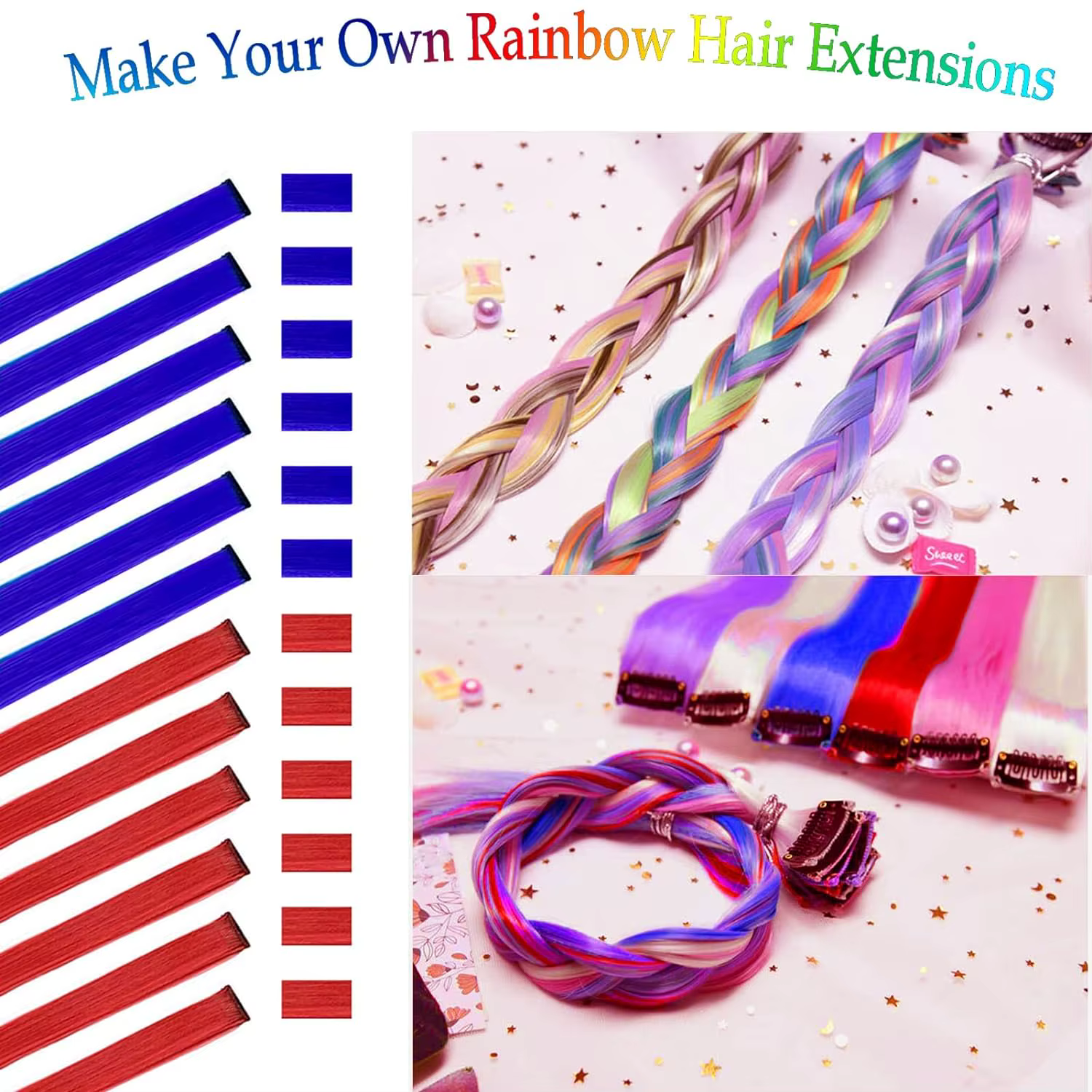 Extensions capillaires synthétiques à Clip rouge et bleu