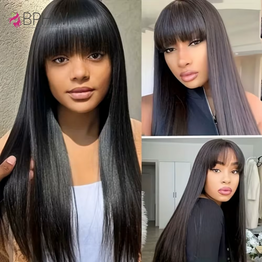 Perruques en cheveux humains lisses avec frange