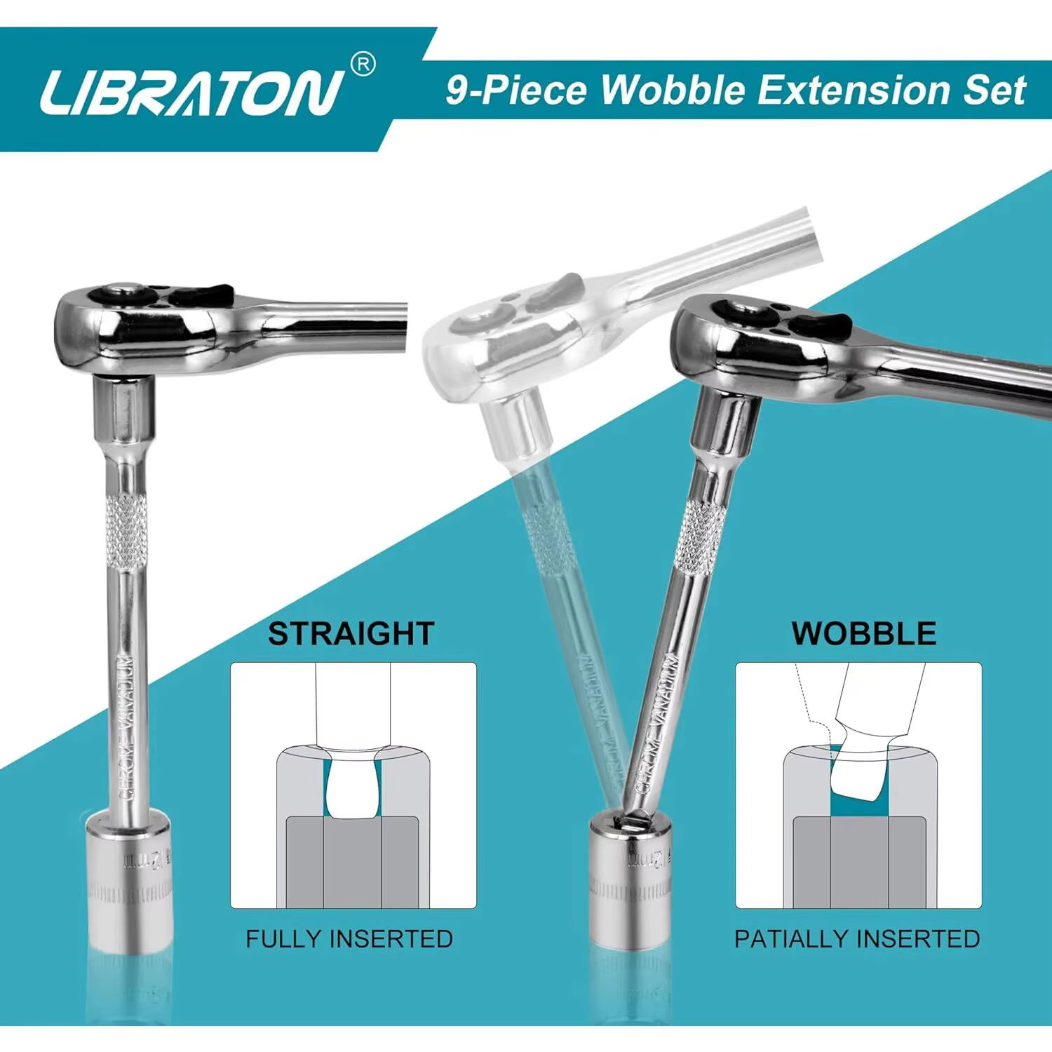 Libraton – ensemble d'extensions oscillantes, ensemble d'extensions de douilles, Extensions à cliquet 1/4 "3/8" 1/2 ", Extension de douille d'entraînement