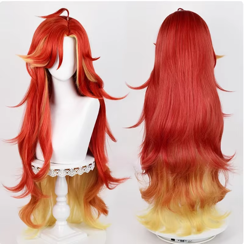 Pyro Archon Mavuika Cosplay perruque 100 cm longue vague bouclée rouge jaune mixte