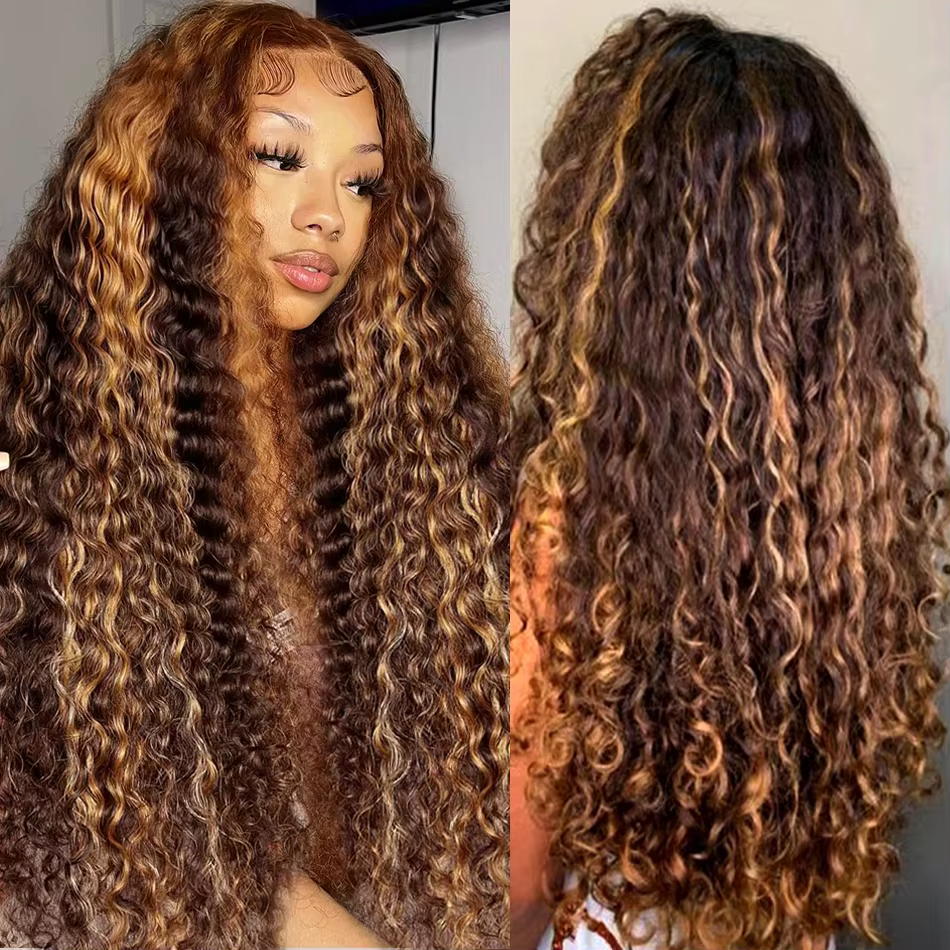 36 pouces mettre en évidence miel blond crépus bouclés perruques cheveux humains 13x6 HD vague profonde dentelle