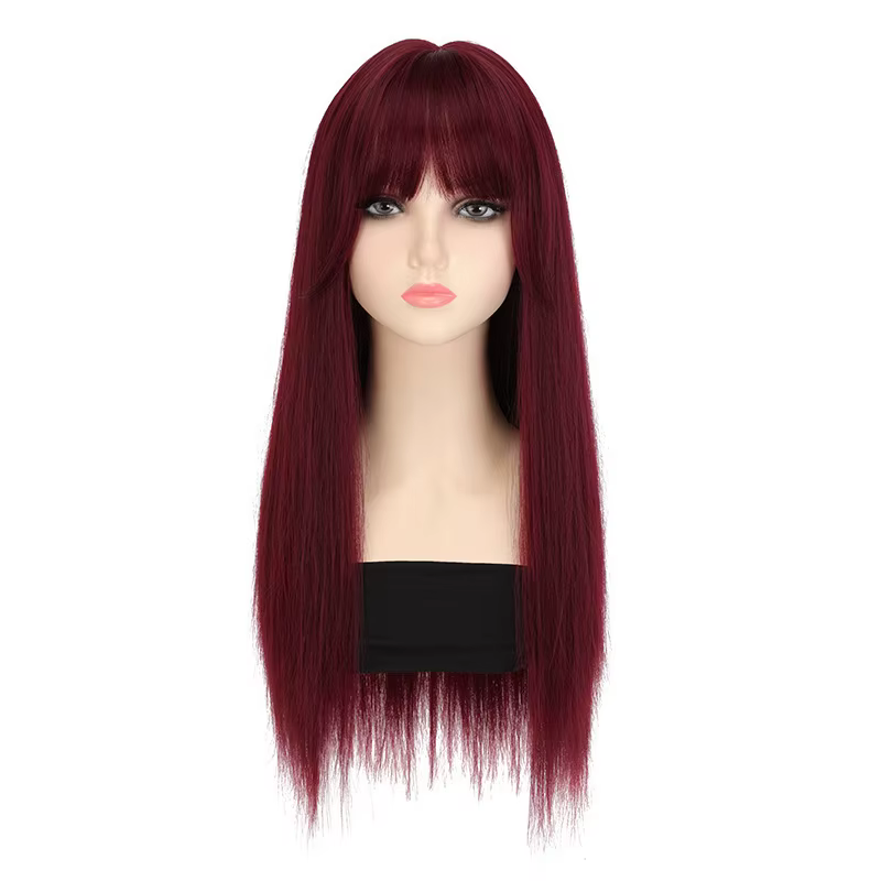 Perruque synthétique couleur vin rouge avec cheveux longs et raides pour Halloween