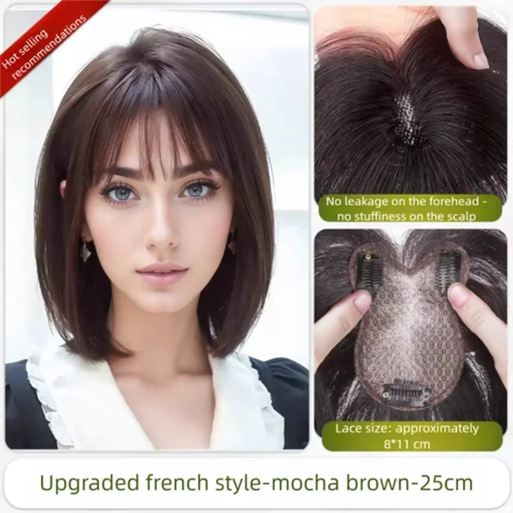 100% vrais cheveux humains Topper pour femmes 8x11 cm Invisible dentelle Toppers avec 3D frange Clips dans les postiches pour Volume couverture chauve