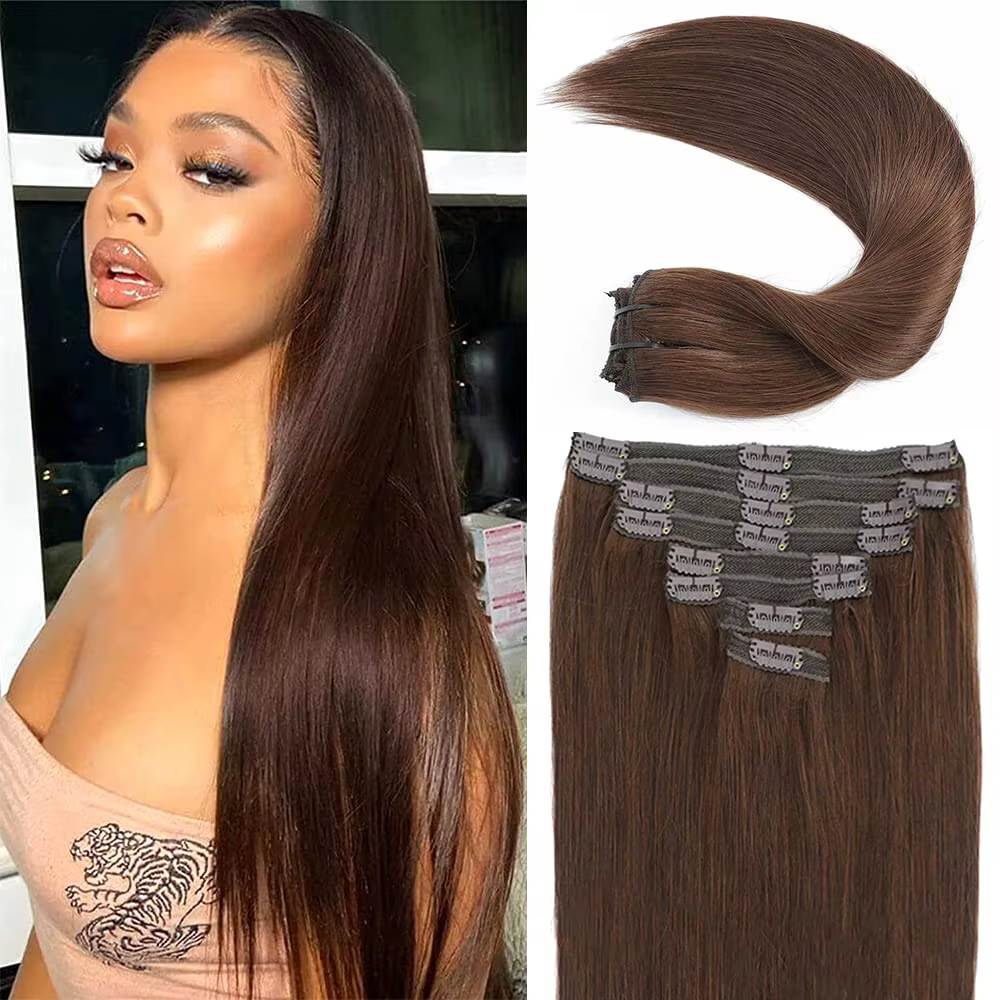 Extensions de cheveux à clipser, cheveux humains véritables, lisses, 100% cheveux humains brésiliens Remy, couleur brun chocolat, 16-26 pouces, pour femmes