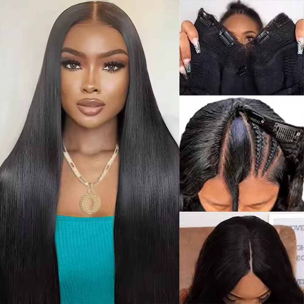Perruque en cheveux humains lisses en forme de V