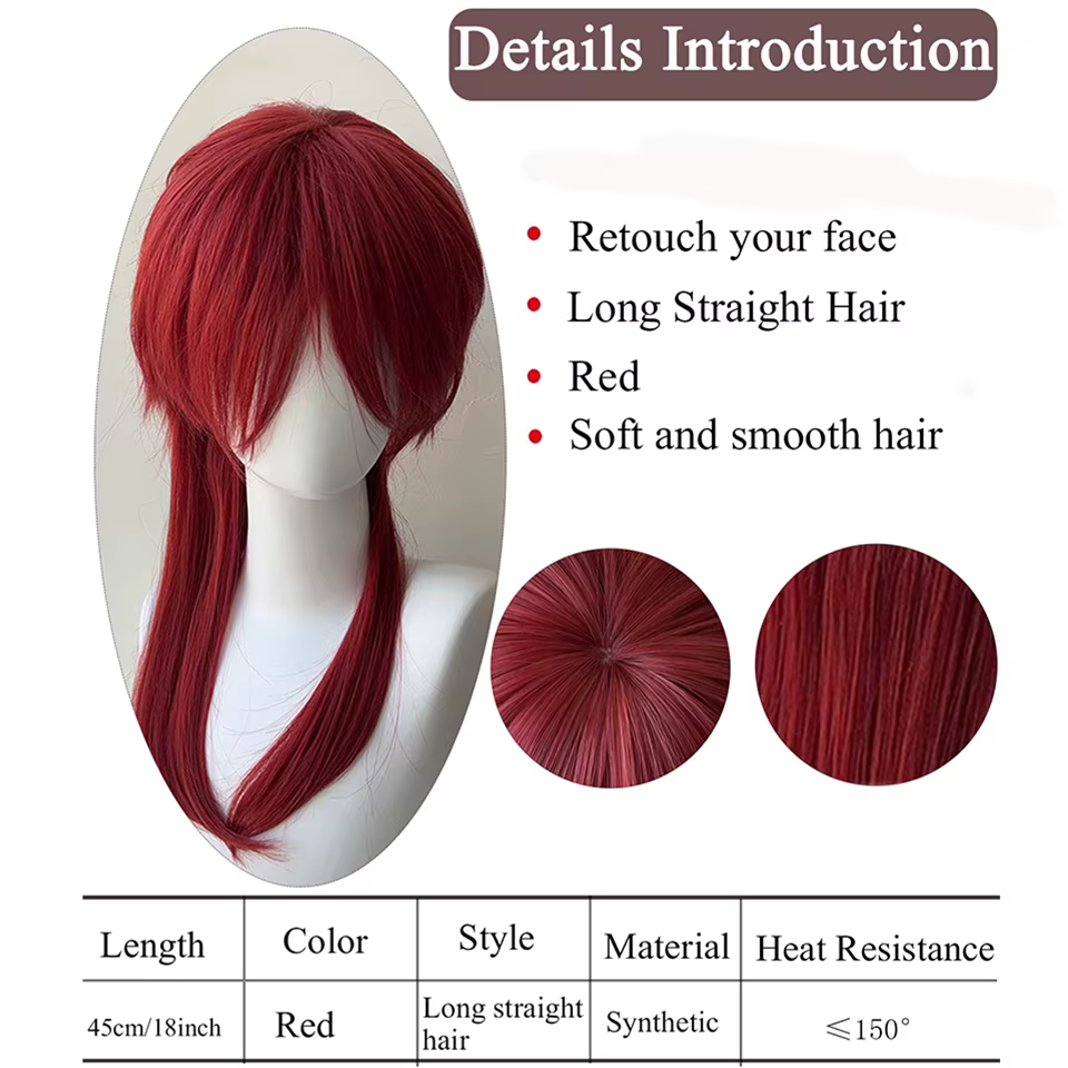 AOSI – perruque synthétique longue et lisse avec tête de mulet rouge vin pour hommes et femmes