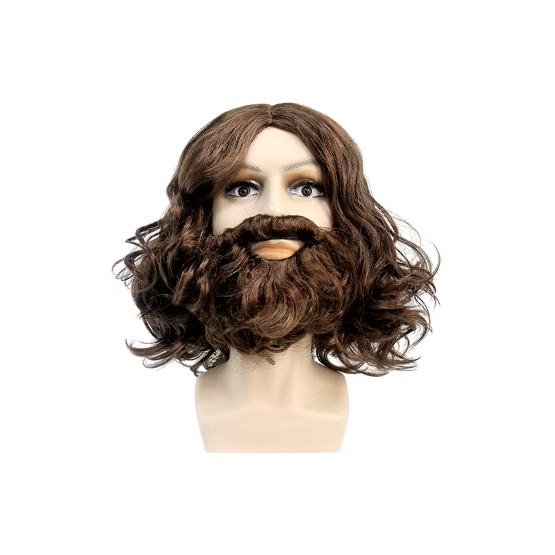 Perruque synthétique ondulée brune avec barbe