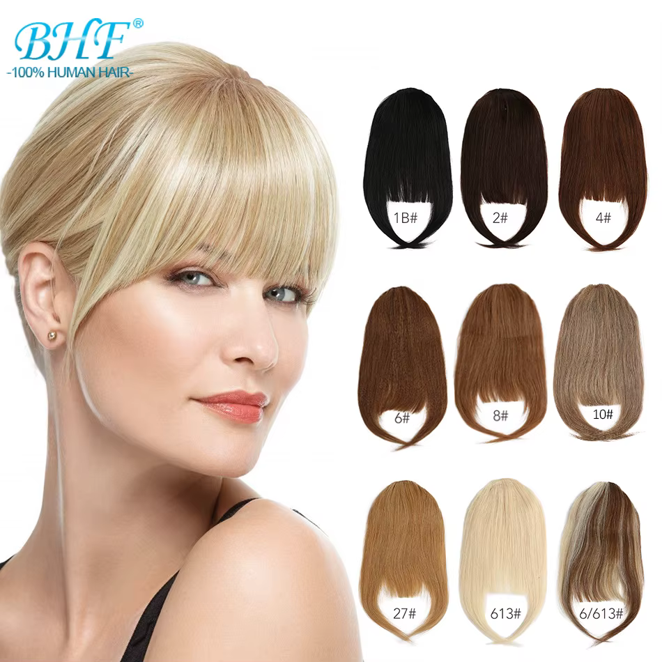 BHF-Frange de cheveux humains avec tempes, frange naturelle, 3 clips