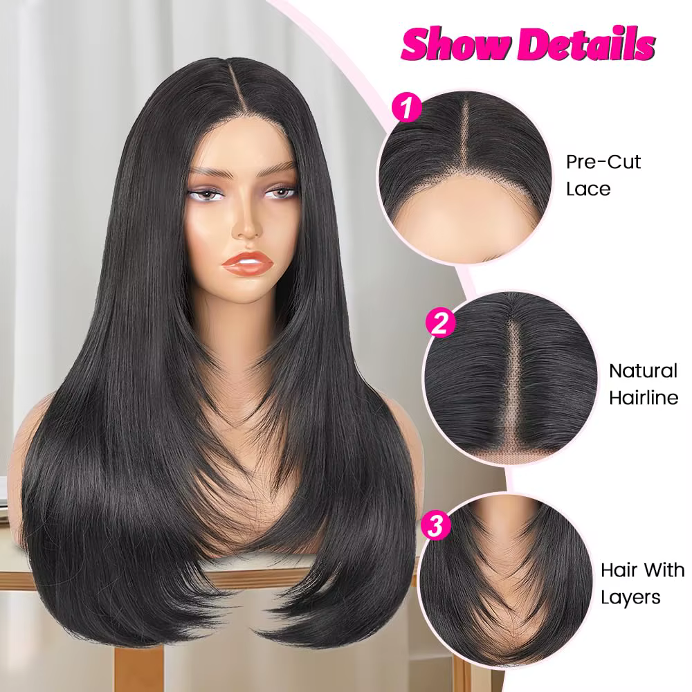 Perruque Lace Front Wig synthétique lisse et coupe superposée
