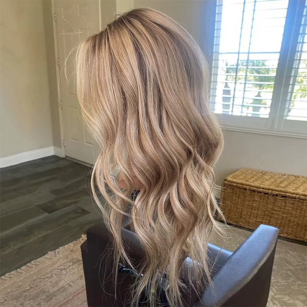 Perruque en cheveux humains avec mèches blond cendré et brun, perruque frontale en dentelle 13x4, cheveux humains ondulés effet eau, perruques pour femmes, perruque douce pré-épilée