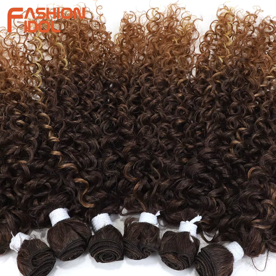 Extensions de cheveux afro bouclés crépus FASHION IDOL, 14-18 pouces, 6 pièces, mèches synthétiques, tissage, ombré brun, cheveux artificiels