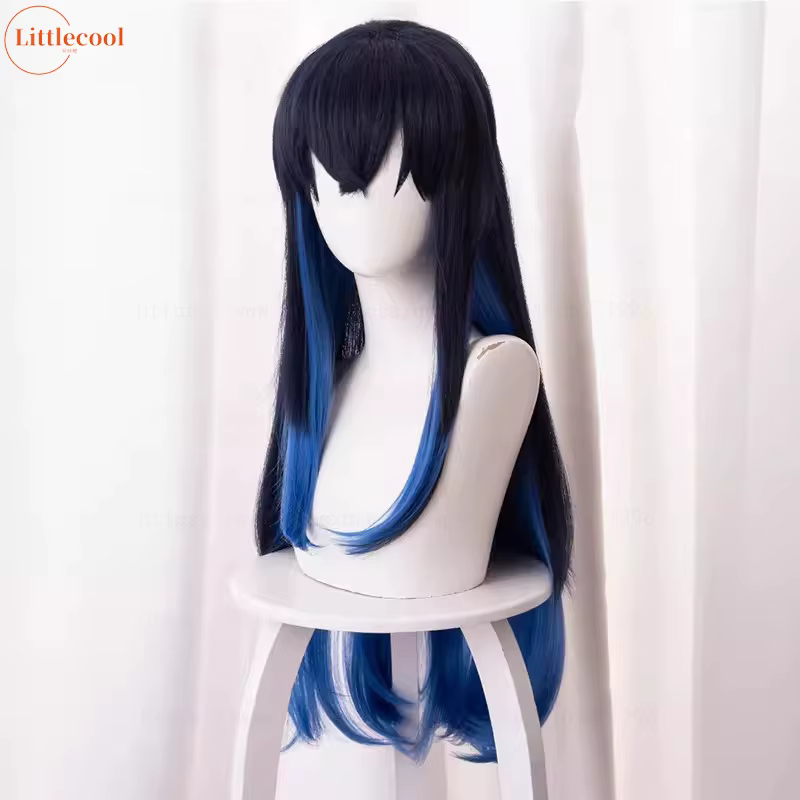Perruque de Cosplay Hashibira Inosuke de haute qualité 70 cm longue ligne droite Ombre bleu résistant à la chaleur cheveux synthétiques Coser Anime perruques + bonnet de perruque