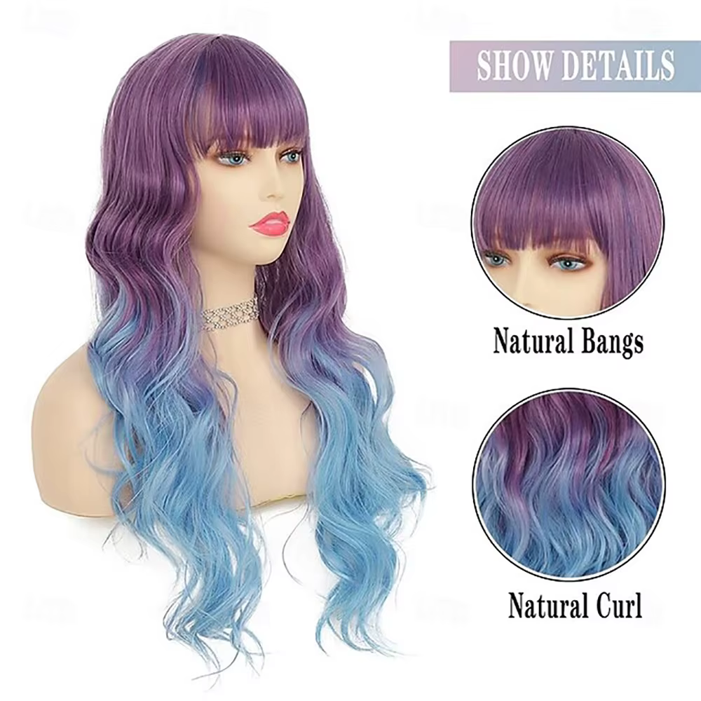 Perruque de carnaval de cheveux synthétiques bleu violet ombré bouclés ondulés longue