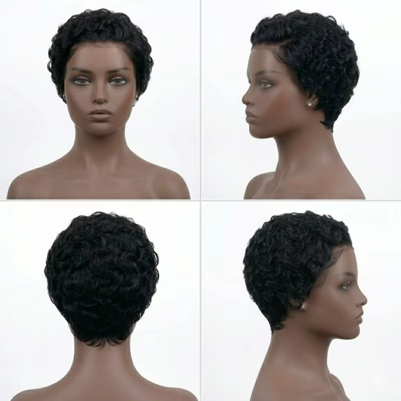 Perruque synthétique noire naturelle coupe pixie