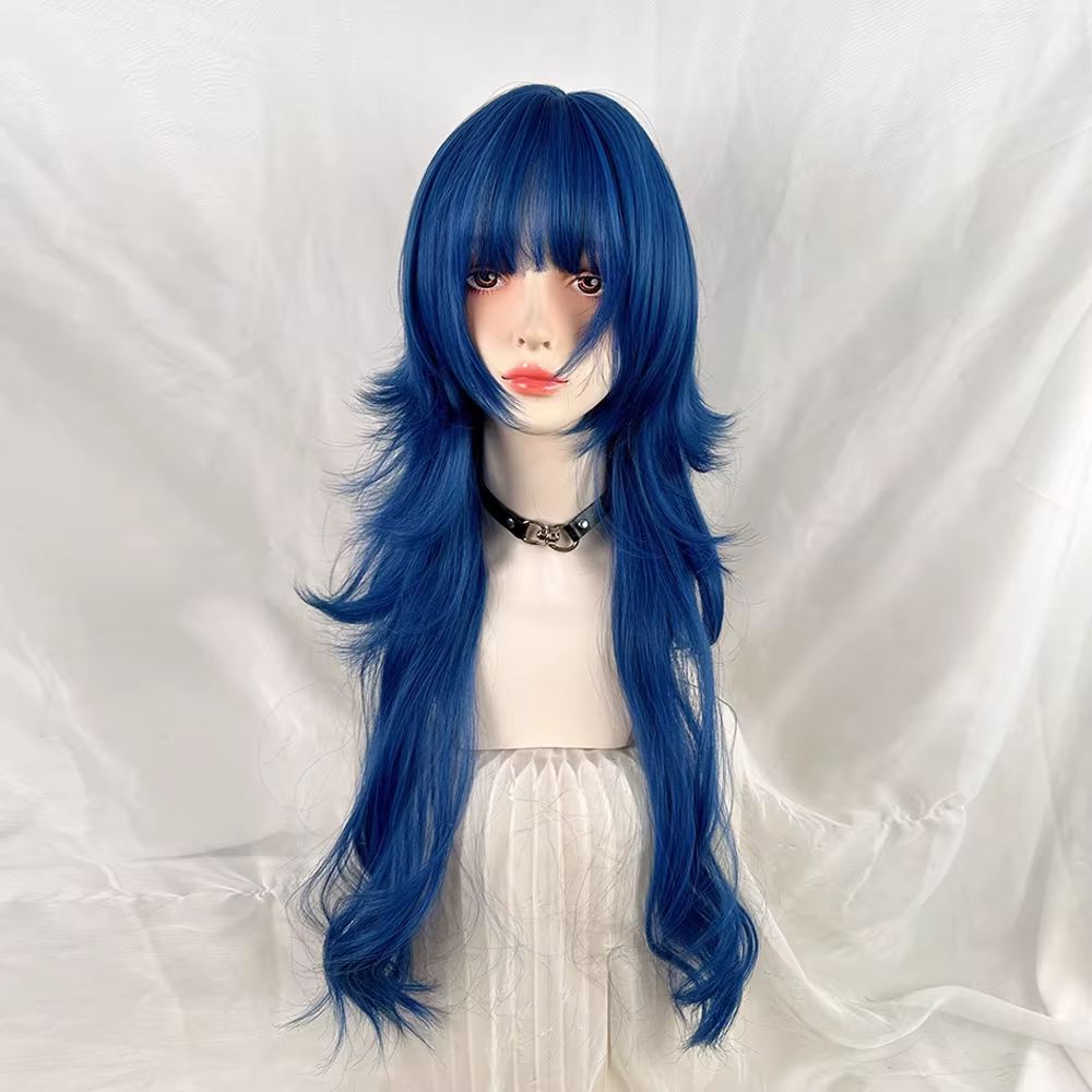 Perruque synthétique longue ondulée bleue avec tête de méduse