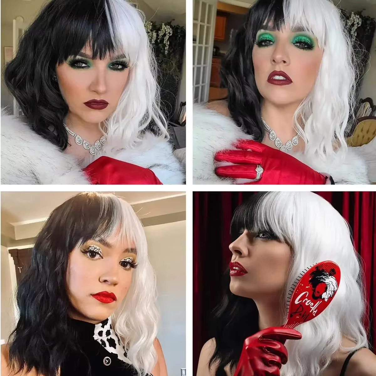 Cruella Deville-Perruque Courte Ondulée Noire et Blanche pour Femme