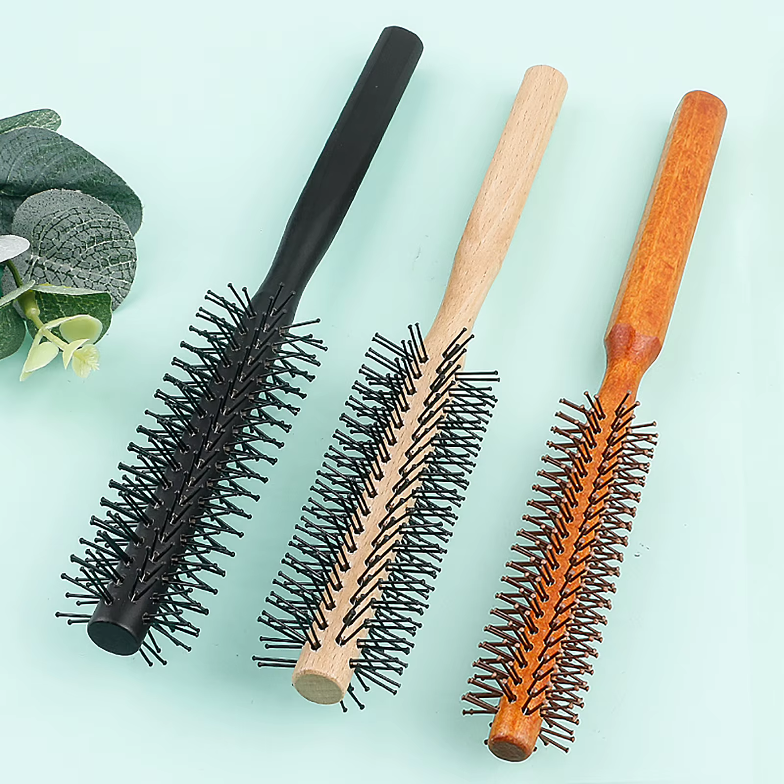 Manche en bois dents en Nylon brosse circulaire peigne à rouleau bouclé racine de cheveux moelleux
