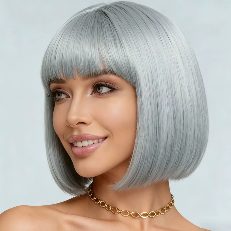 Perruque synthétique femme gris argenté 12 pouces style élégant