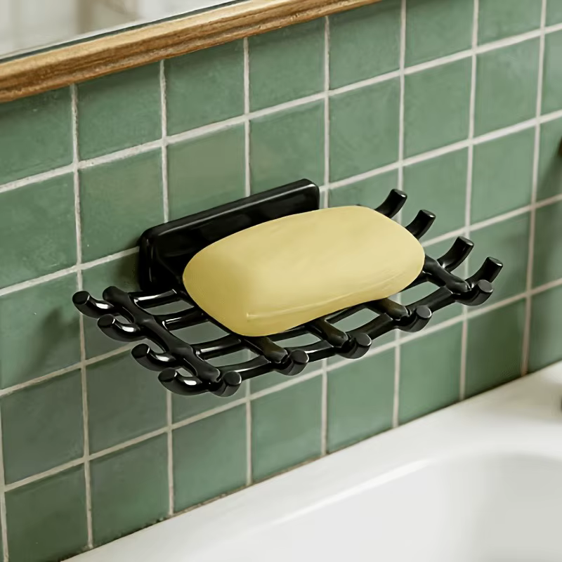 1 porte-savon mural pour douche avec drainage, noir, blanc, support carré. Aucun perçage requis, crochet pour savon et accessoires.