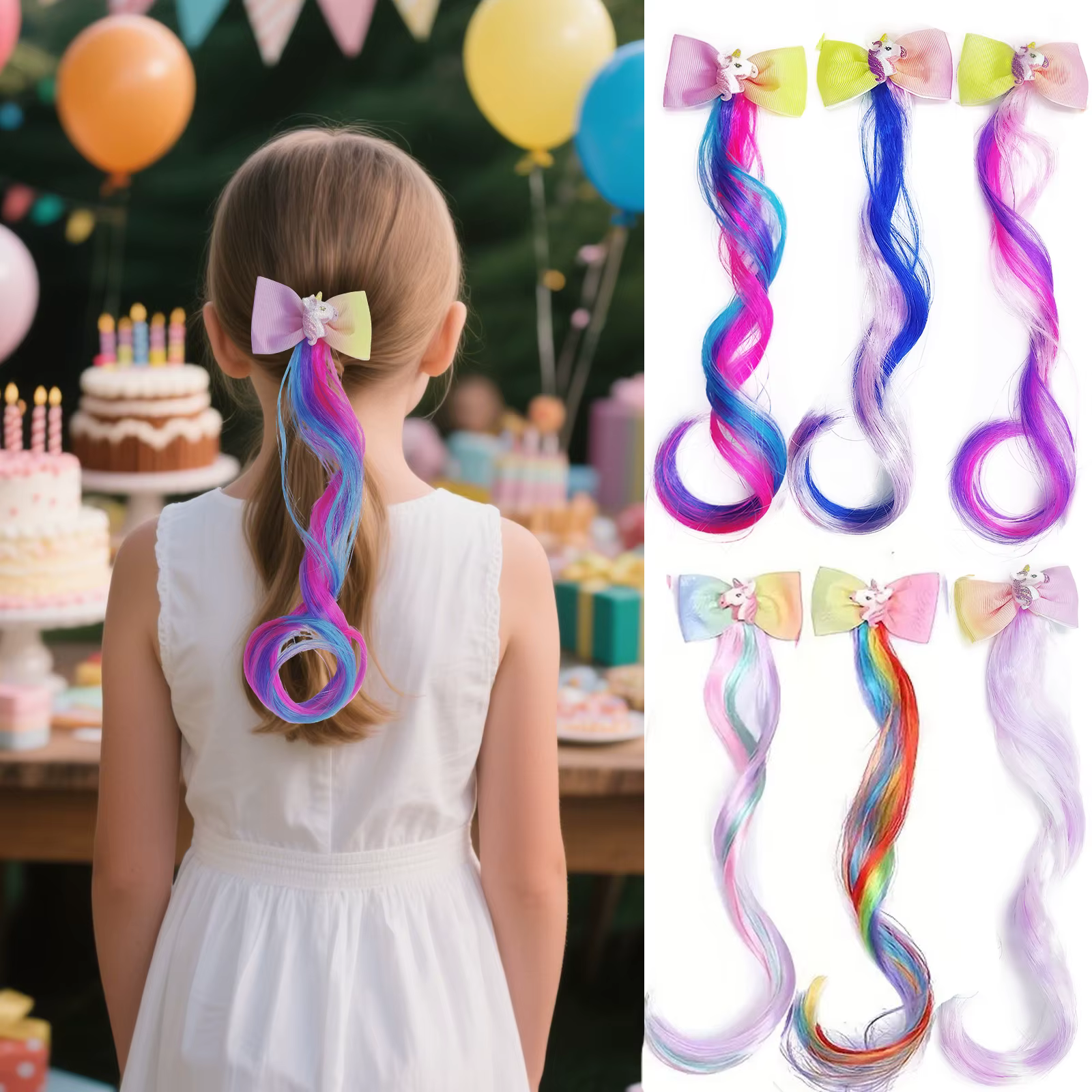 Extensions de cheveux bouclés à clips, postiches de couleur arc-en-ciel avec nœuds crocodile mignons pour filles, idéal pour cadeaux, vacances, 6 pièces