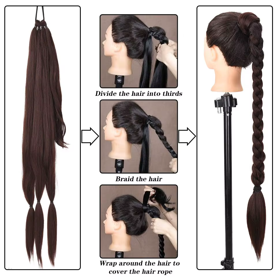 Extension de queue de cheval tressée longue synthétique avec attache de cheveux enveloppement droit autour du morceau