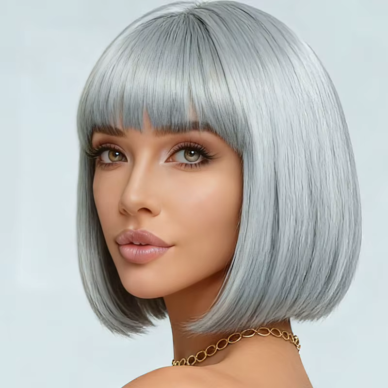 Perruque synthétique femme gris argenté 12 pouces style élégant