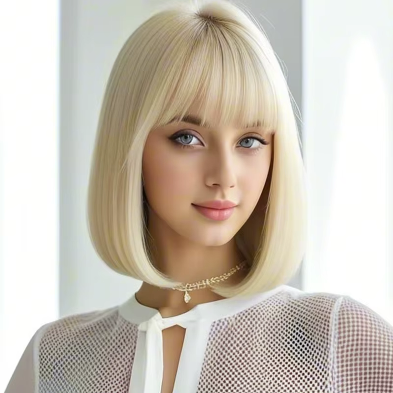 Perruque synthétique à frange blonde pour femmes