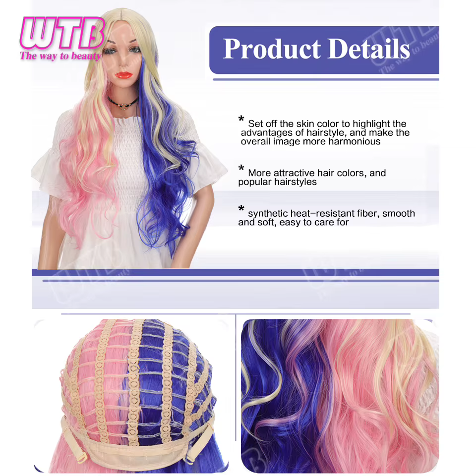 WTB Perruque synthétique rose et bleue à blocs de couleurs