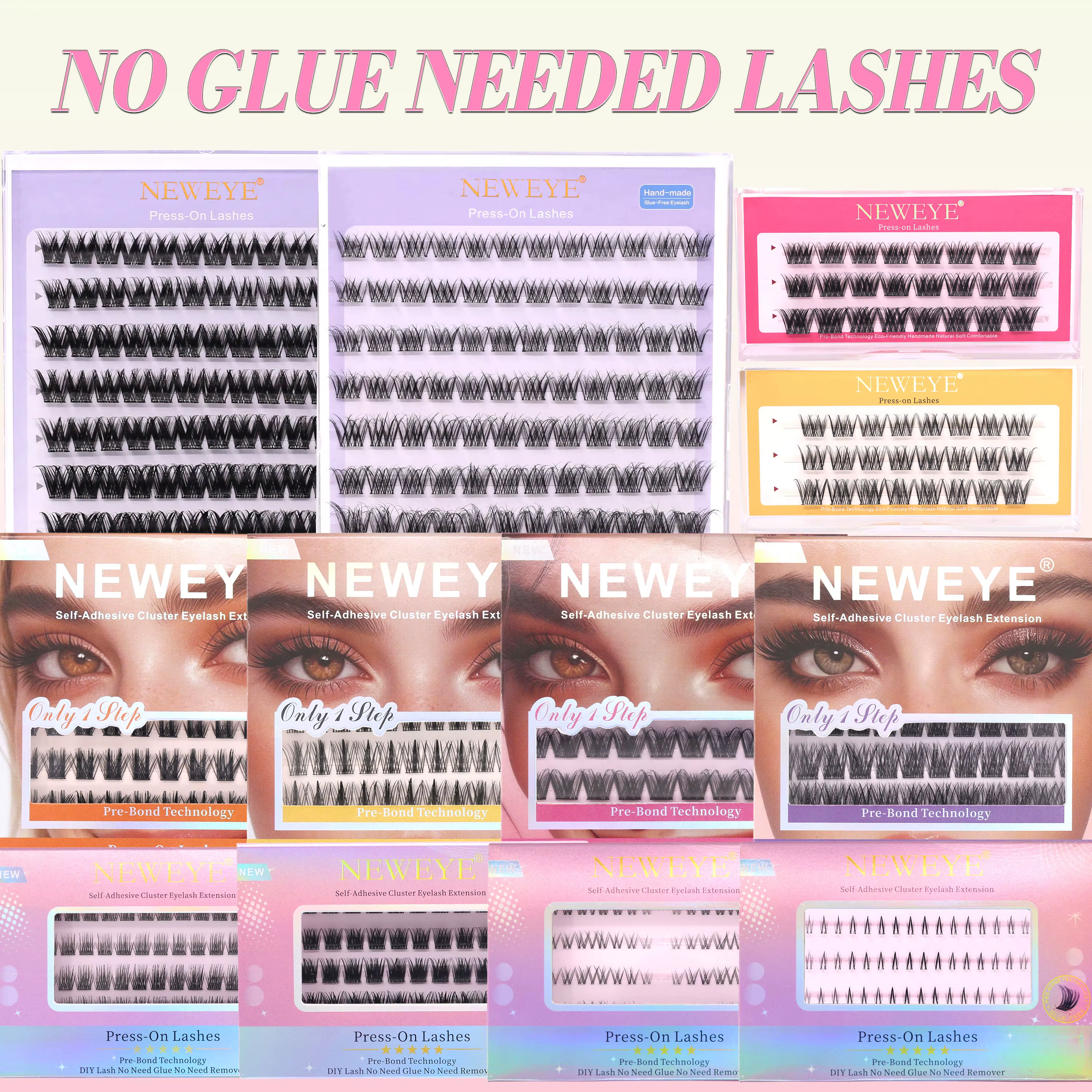 Série NE NE05 Nouvel Emballage 6 Rangées 100% Fait Main Effet 3D Moelleux Sans Colle Requise Extensions de Cils 10-14mm Noir Facile à Retirer Réutilisable