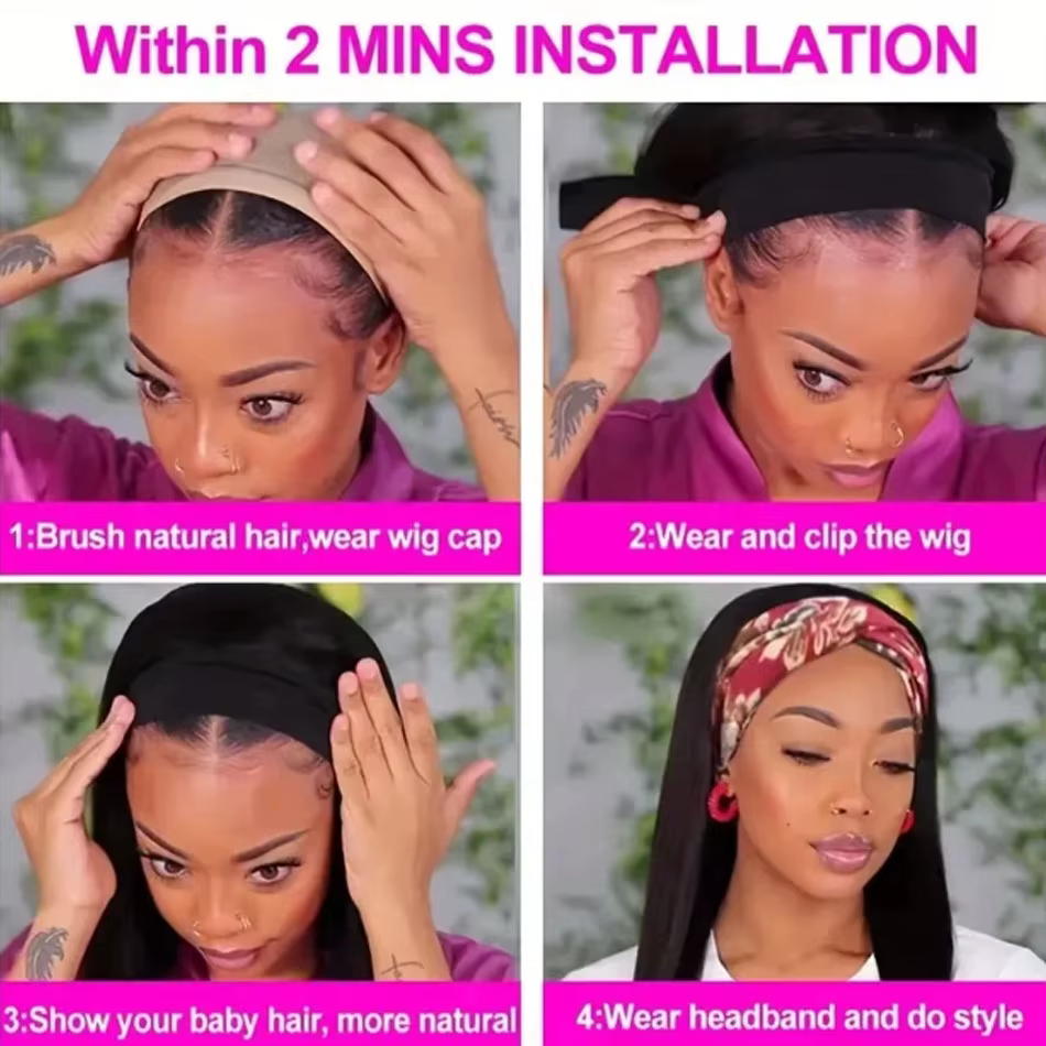 Bandeau perruques cheveux humains droite courte Bob sans colle