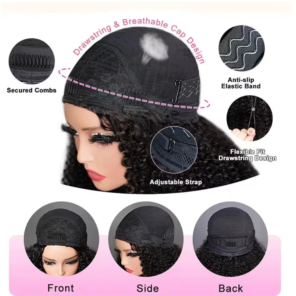 Perruque mi-tête 250% Kinky Curly en cheveux humains