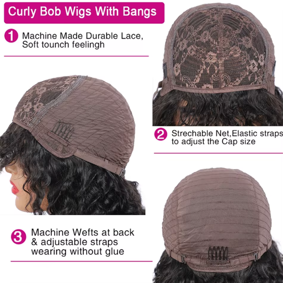 Perruque brésilienne en cheveux humains ondulés avec frange, qualité 15A, fabriquée à la machine pour femmes noires, perruques bouclées à ondulations profondes à prix réduit en promotion