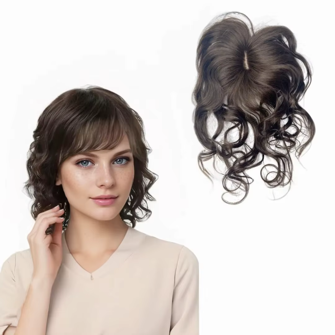 Postiche bouclée ondulée partie centrale cheveux humains Topper avec frange pince en vrais