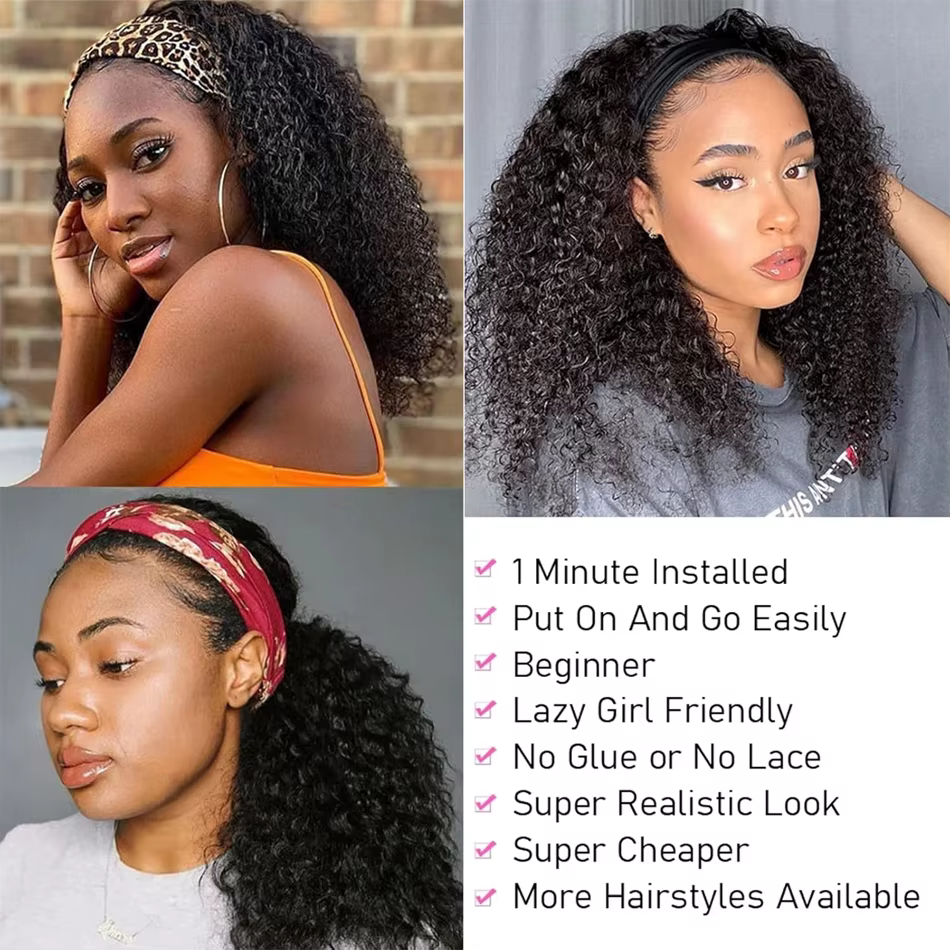 Bandeau perruque cheveux humains crépus bouclés sans colle pleine Machine faite Isee