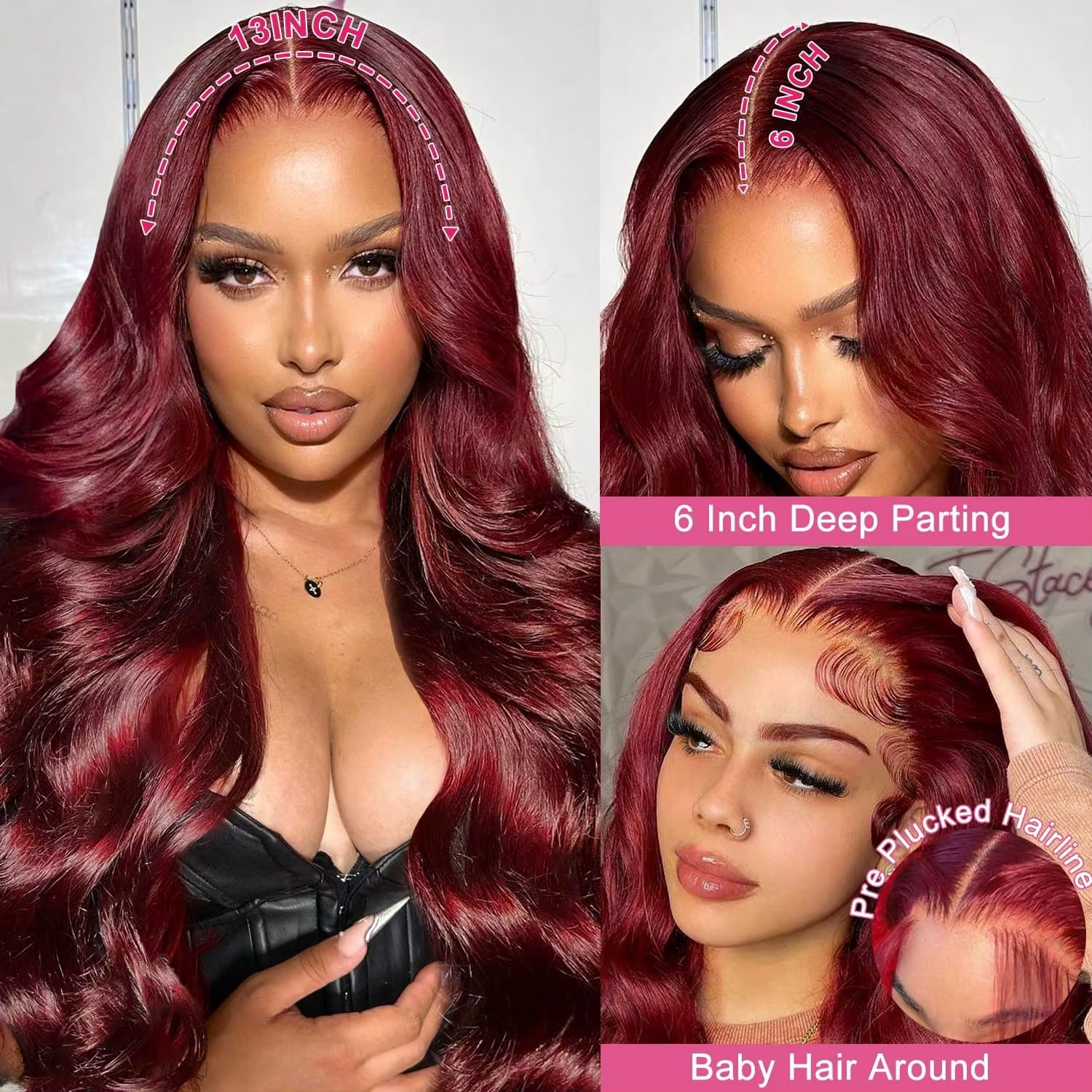 Perruque Lace Front Transparente 13x4 Rouge Bourgogne 99J