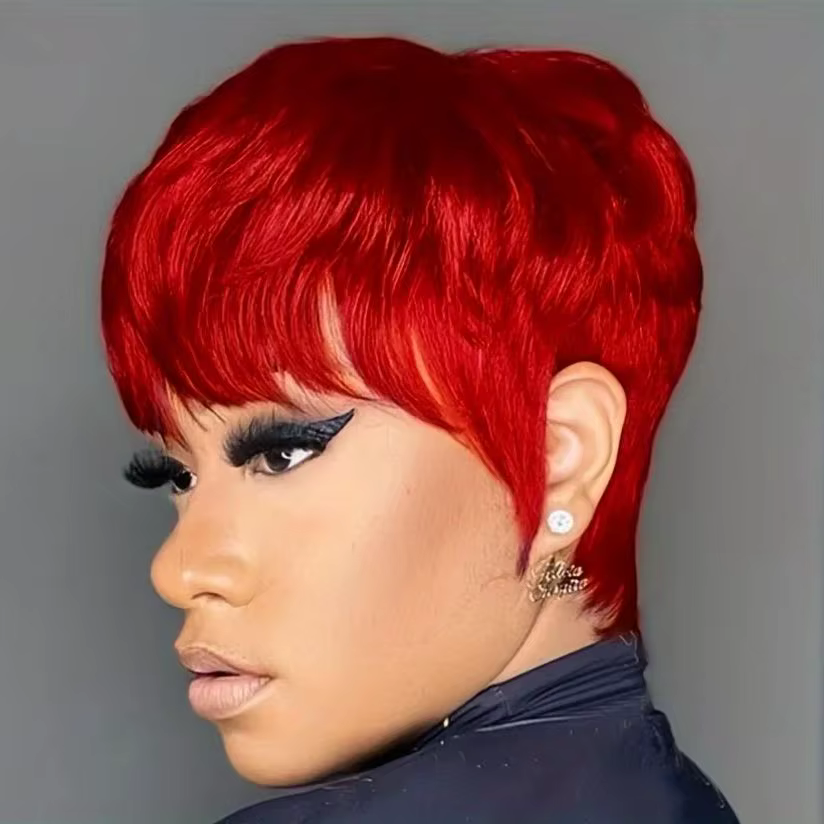 Perruque de cheveux humains courts de couleur rouge avec frange