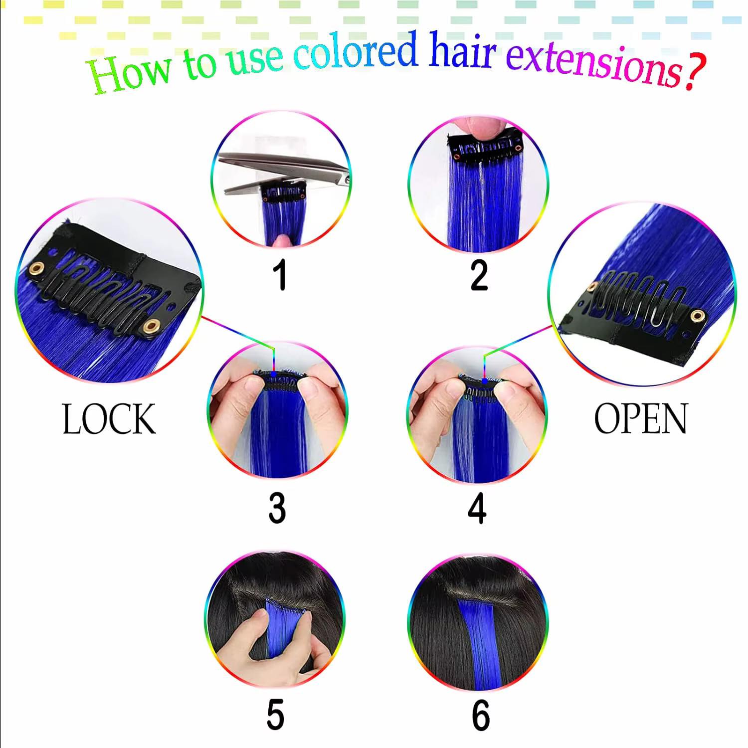 Extensions capillaires synthétiques à Clip rouge et bleu