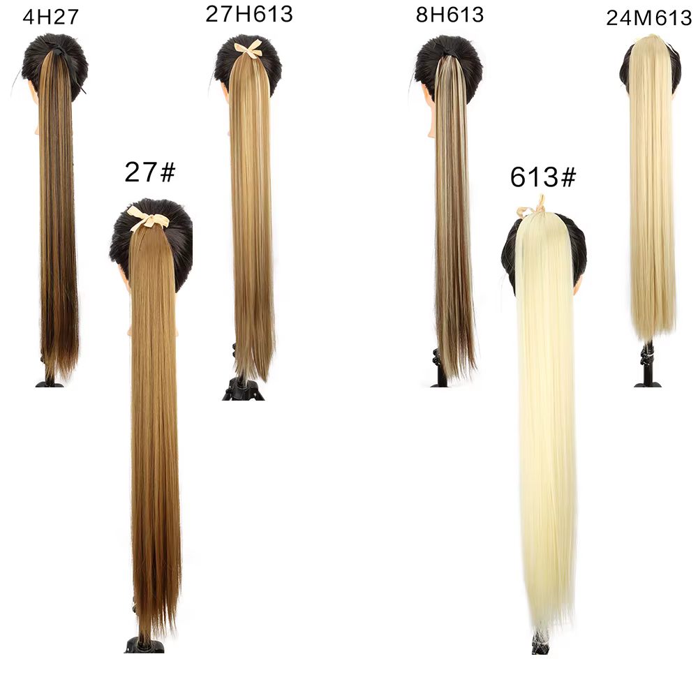 Perruque synthétique pour femme (18-34 pouces) Cheveux longs et raides avec accessoire de coiffure style queue de cheval à enrouler et à clipser