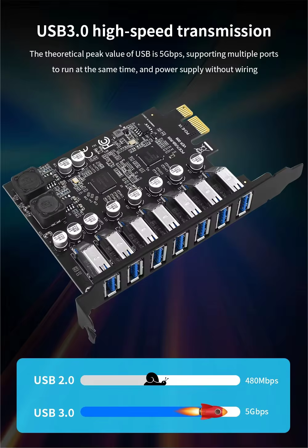 Adaptateur USB 3.0 PCI Express, carte d'extension USB 3 à 7 ports, convertisseur de contrôleur USB3 PCIe PCI-e X1 pour ordinateur de bureau