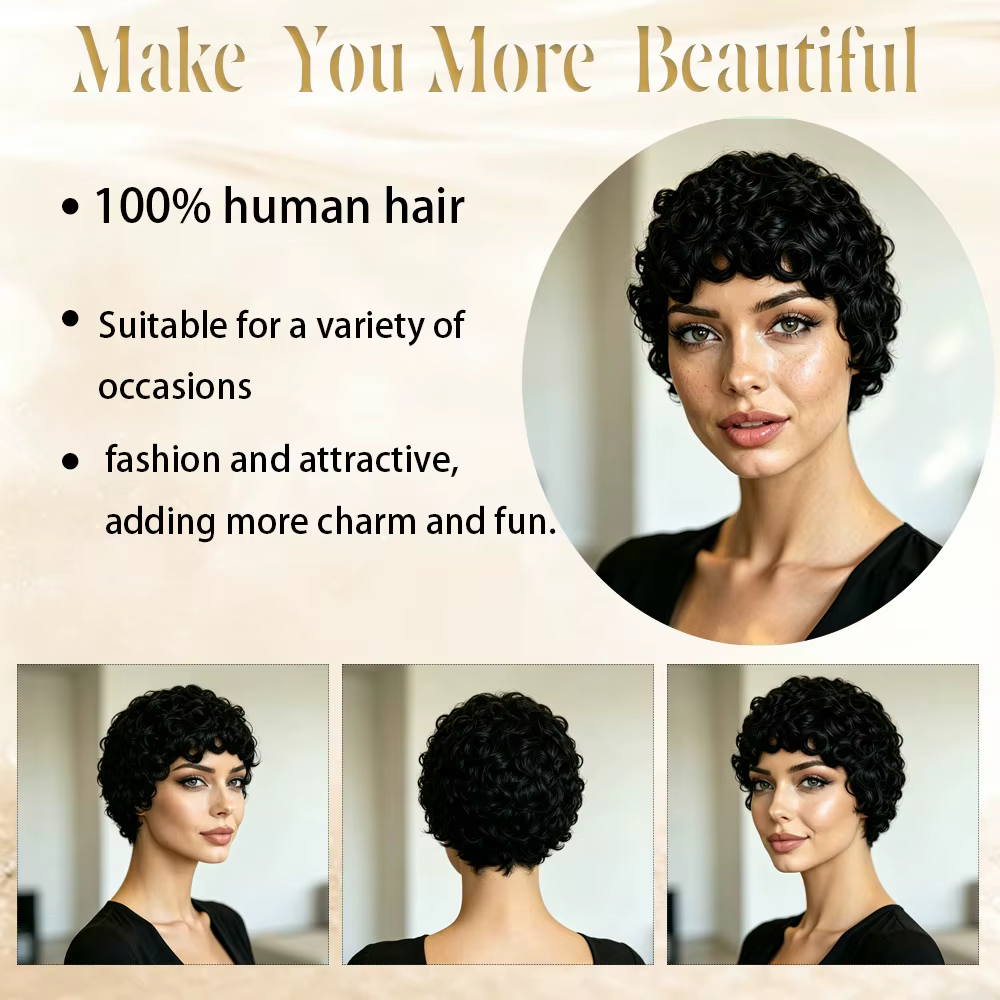 Perruque courte afro bouclée en cheveux humains pour femmes