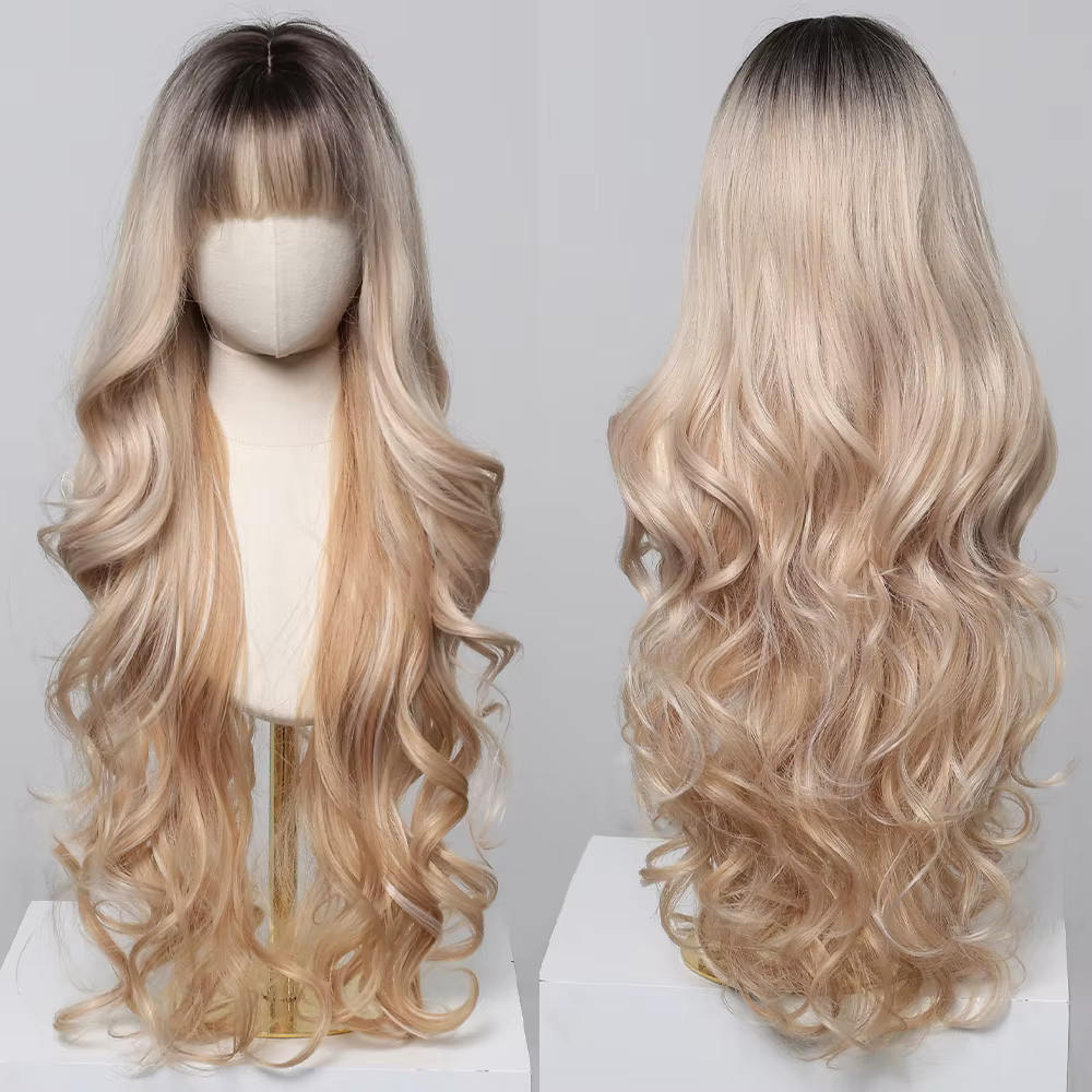 Perruques synthétiques ondulées blondes ombrées avec frange pour femmes