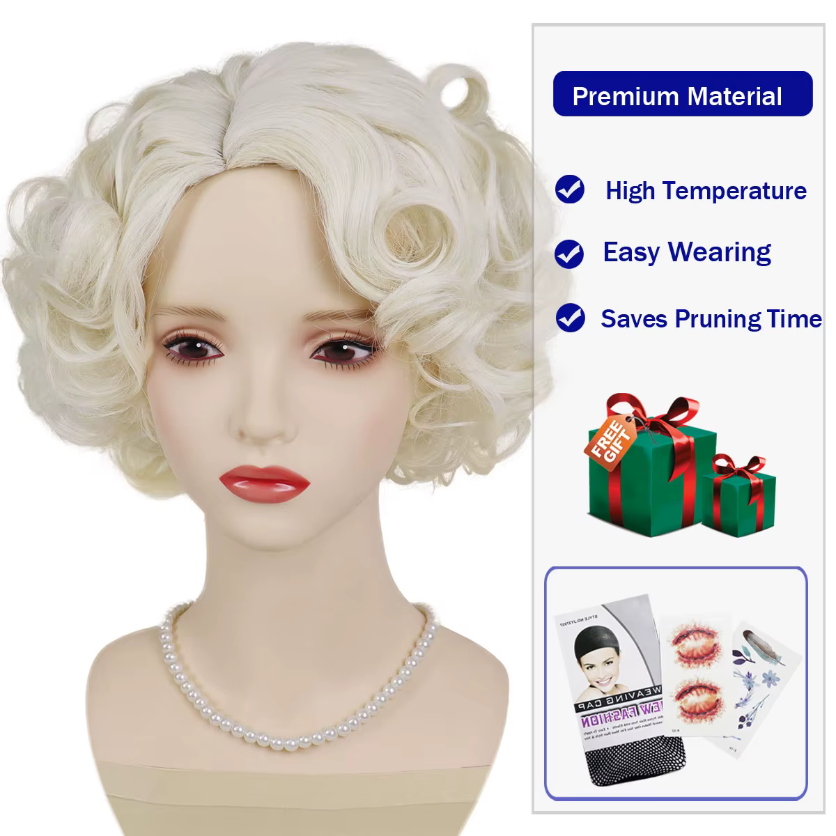 Perruque synthétique bouclée courte Blonde platine