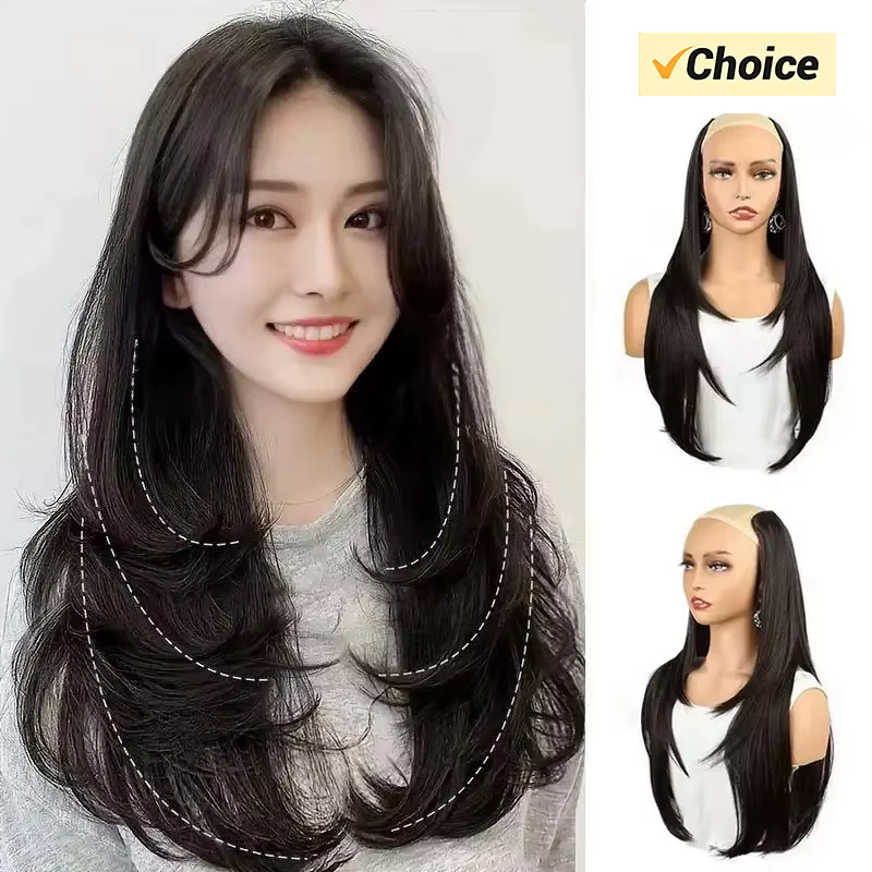 22/24 pouces synthétique en forme de V couches 4 Clips longue Extension de cheveux raides mode postiche Invisible perruque pour les femmes