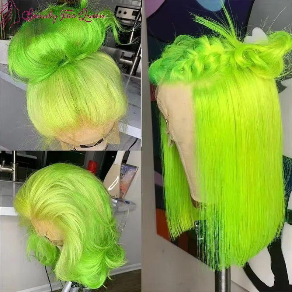 Perruque Courte Bob Vert Fluorescent en Cheveux Humains